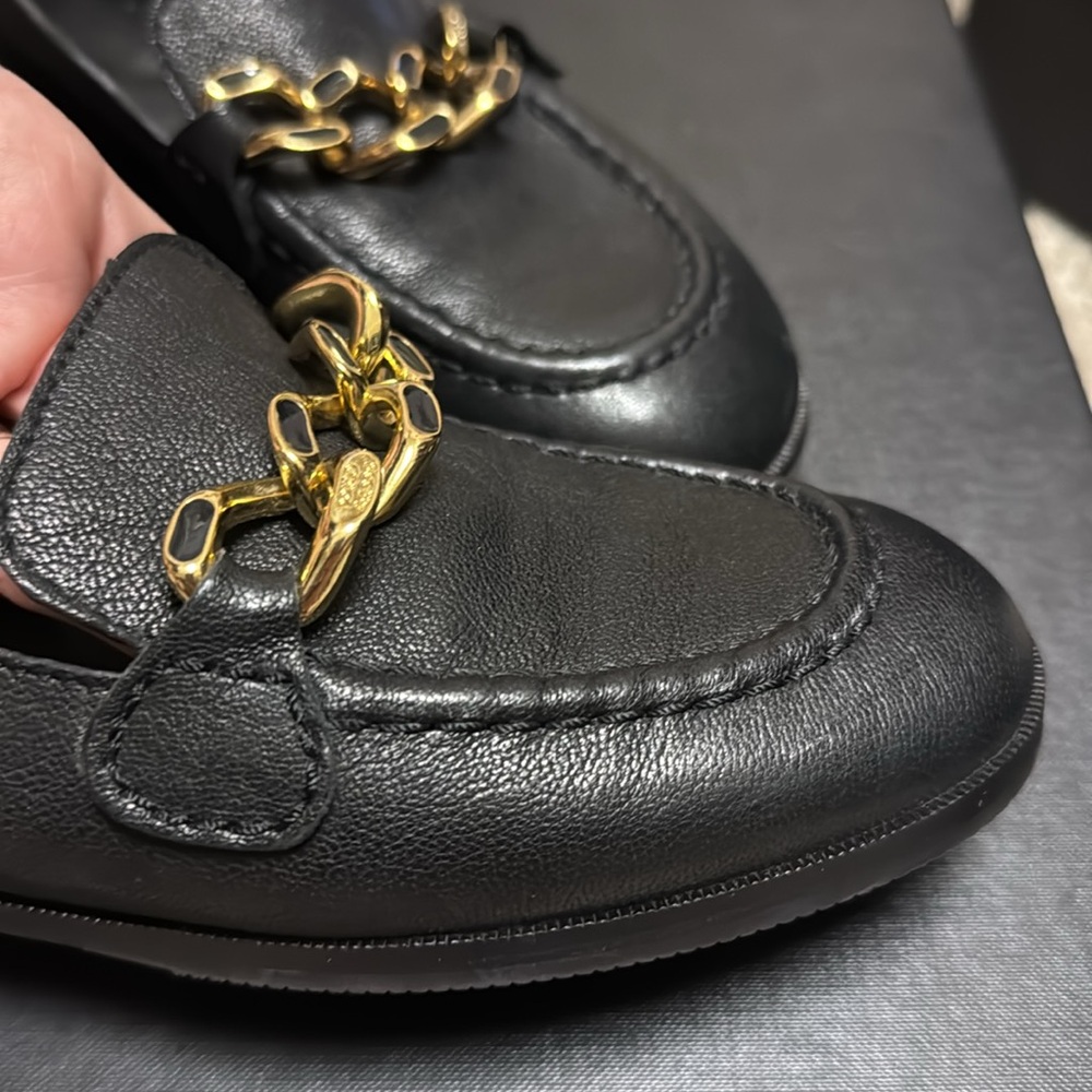 See By Chloe Black and Gold Loafers with Chain Accent